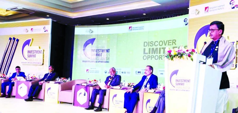 Khalid Mahmud Chowdhury, State Minister for Shipping, speaking at second day of the ongoing summit on "Investment competitiveness and business environment in Bangladesh" at the Radisson Blu Water Garden in Dhaka on Monday.
