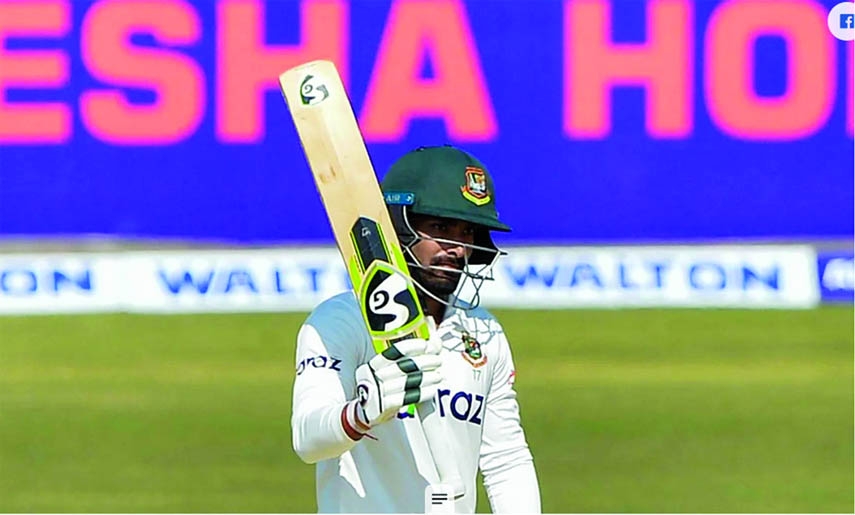 Liton Das of Bangladesh, celebrating his half-century in the second innings against Pakistan on day 4 of the first Test at the Zahur Ahmed Chowdhury Stadium in Chattogram on Monday.