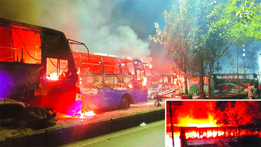 Angry mob set several buses of different city operators on fire on DIT Road at Rampura in the capital following the death of a student.
