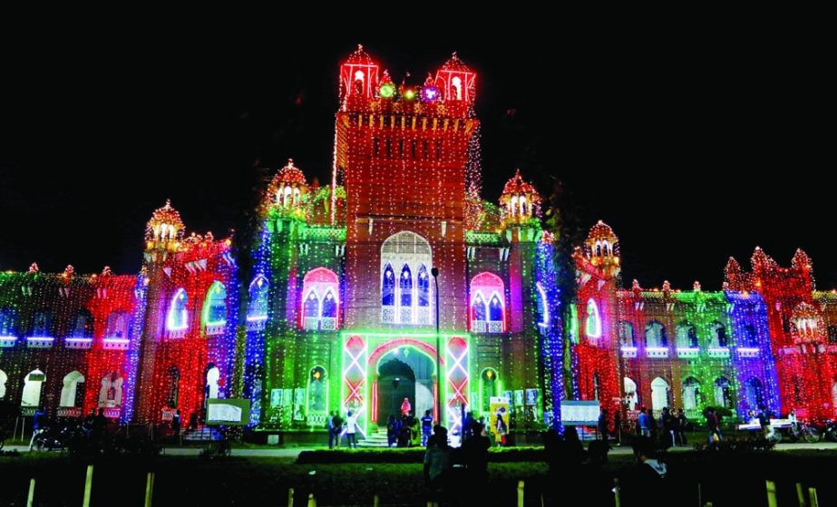 Dhaka University's Carzon Hall decorated with colorful lights to mark its 100th founding anniversary. NN photo