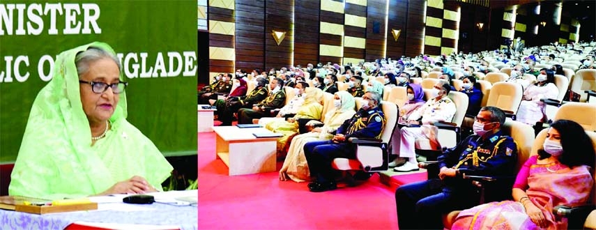 Prime Minister Sheikh Hasina speaks at a graduation ceremony of 'NDC-2021' and 'Armed Forces War Course-2021' at Mirpur Cantonment in the city through video conference from Ganobhaban on Thursday.