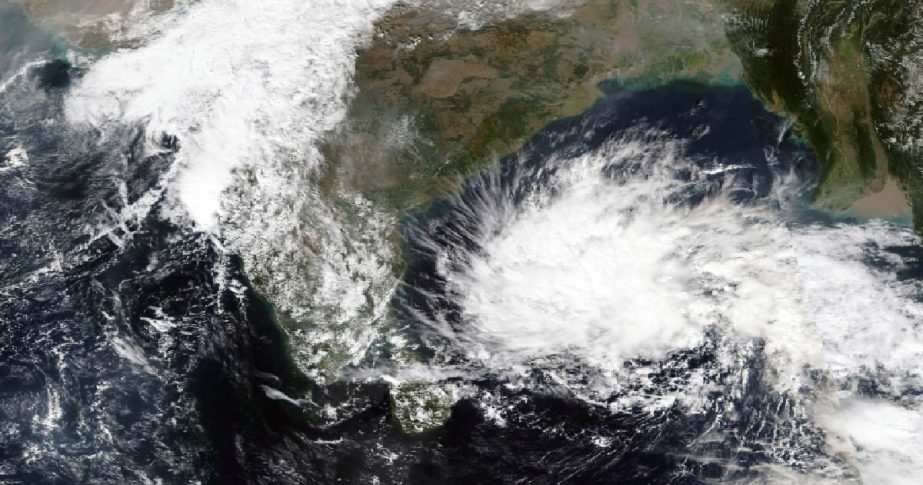 This Thursday, Dec, 2, 2021, satellite image released by NASA shows a storm brewing in the Bay of Bengal. Photo:AP
