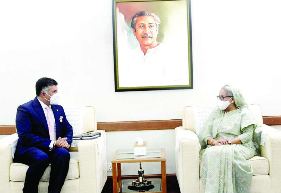 Indian High Commissioner to Bangladesh Vikram Kumar Doraiswami pays a courtesy call on Prime Minister Sheikh Hasina at the latter's official residence Ganobhaban in the city on Tuesday. NN photo