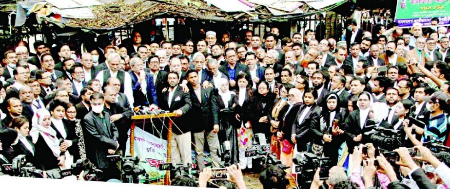 BNP Secretary General Mirza Fakhrul Islam Alamgir speaks at a rally organised by Bangladesh Jatiyatabadi Ainjibi Forum in front of the National Press Club on Tuesday demanding their Chairperson Begum Khadea Zia’s better treatment abroad. NN photo