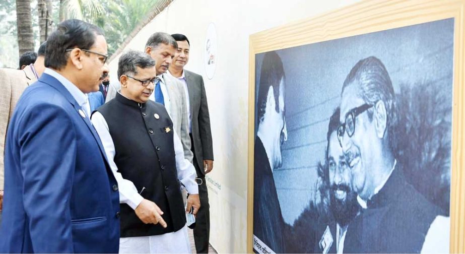 State Minister for Civil Aviation and Tourism Mahbub Ali inspects 'Mujib Corner' set up at Hotel InterContinental in the city on Saturday. NN photo