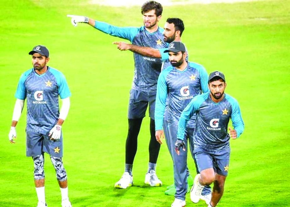 Pakistani cricketers during a practice session in Karachi on Sunday. Agency photo