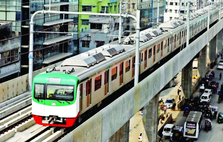 A metro rail train on a trial run at Dhaka's Shewrapara as part of a test trip on Sunday. NN photo