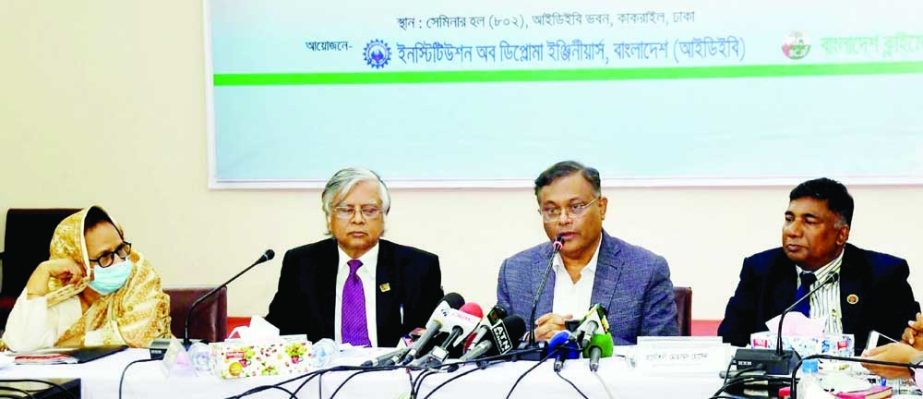 Information and Broadcasting Minister Dr. Hasan Mahmud speaks at a seminar on 'COP-26: Achievement and Future Role' in IDEB auditorium in the city on Monday. NN photo