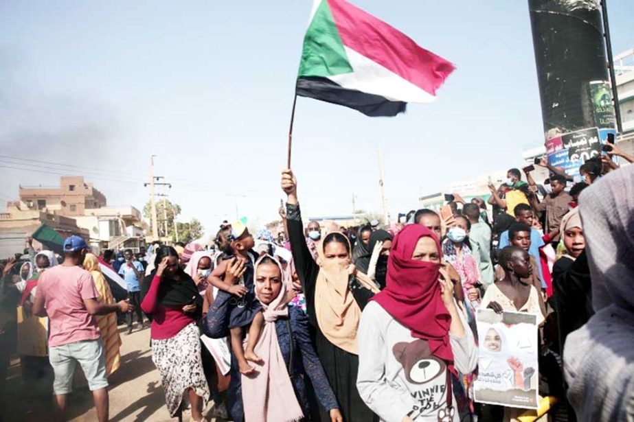 People protest against the October military coup and subsequent deal that reinstated Prime Minister Abdalla Hamdok in Khartoum, Sudan Agency photo