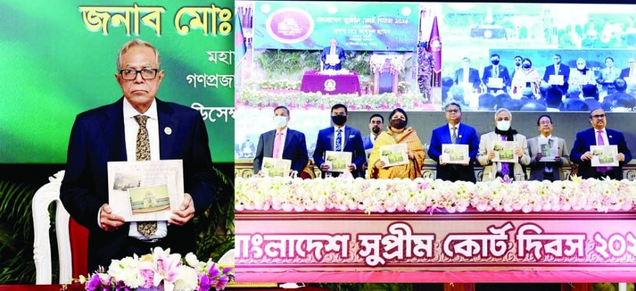 President Abdul Hamid unveils the cover of a book with Architectural View of the Supreme Court through video conference from Bangabhaban on Saturday on the occasion of Bangladesh Supreme Court Day-2021.PID photo