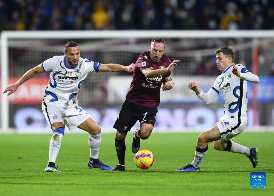 Inter Milan's Danilo D'Ambrosio (left) and Nicol Barella (right) vie with Salernitana's Franck Ribery during a Serie A football match between Inter Milan and Salernitana in Salerno, Italy on Friday. Agency photo