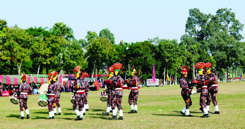 SREEMANGAL (Moulvibazar): Members of Border Guard Bangladesh (BGB) participate in a display at Sreemangal Sector Field on the occasion of the BGB Day on Monday.