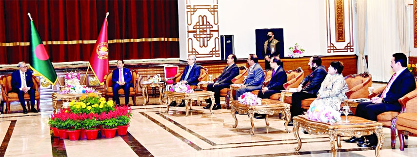 A delegation of Jatiya Party led by its Chairman Ghulam Muhammed Quader meets President Md. Abdul Hamid at Bangabhaban on Monday for the formation of election commission.