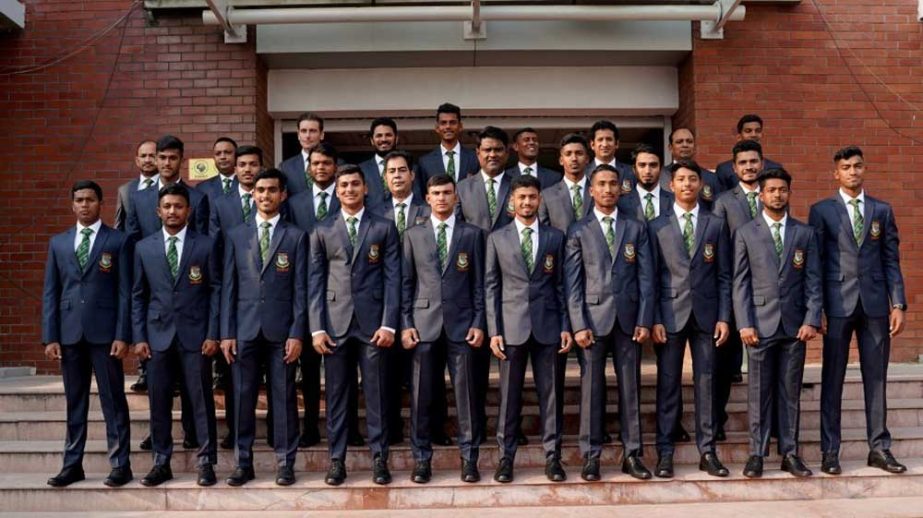 Members of Bangladesh Under-19 Cricket team pose for a photo session at the Sher-e-Bangla National Cricket Stadium in the city's Mirpur on Tuesday. Agency photo