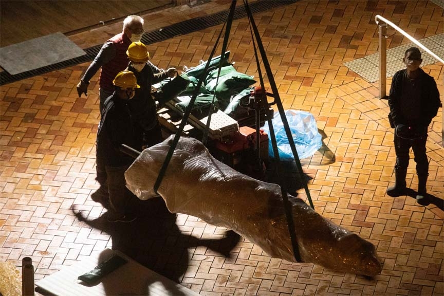 The "Pillar of Shame" statue, a memorial for those killed in the 1989 Tiananmen crackdown, is removed from the University of Hong Kong, Thursday, Dec. 23, 2021.