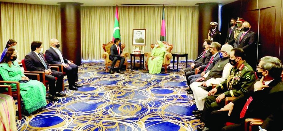 Vice-President of Maldives Faisal Naseem pays a courtesy call on Prime Minister Sheikh Hasina at a meeting room of Hotel Zen Male in Maldives on Thursday. PID photo