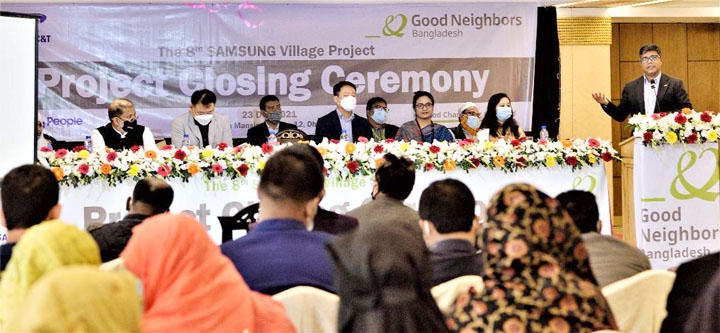 Hyun Lee, In Shik Kim, Representatives of Samsung C&T, are seen, among others, at the project closing ceremony of Good Neighbours Bangladesh held in the capital on Thursday.