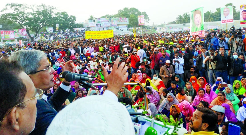 BNP secretary general Mirza Fakhrul Islam Alamgir speaks at a rally held in Gazipur demanding their chairperson Begum Khaleda Zia's better treatment abroad.