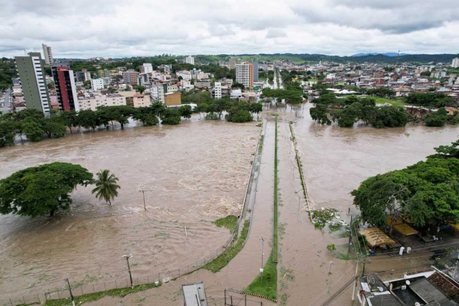 An aerial view shows a neighbourhood during flooding caused by the overflowing Cachoeira river in Itabuna, Bahia state, Brazil on Monday. Agency photo