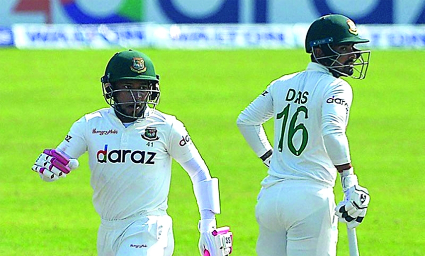 Mushfiqur Rahim (left) and Liton Das of Bangladesh running between the wickets against New Zealand XI on the second and final day of their two-day practice match at Mount Maunganui in New Zealand on Wednesday.