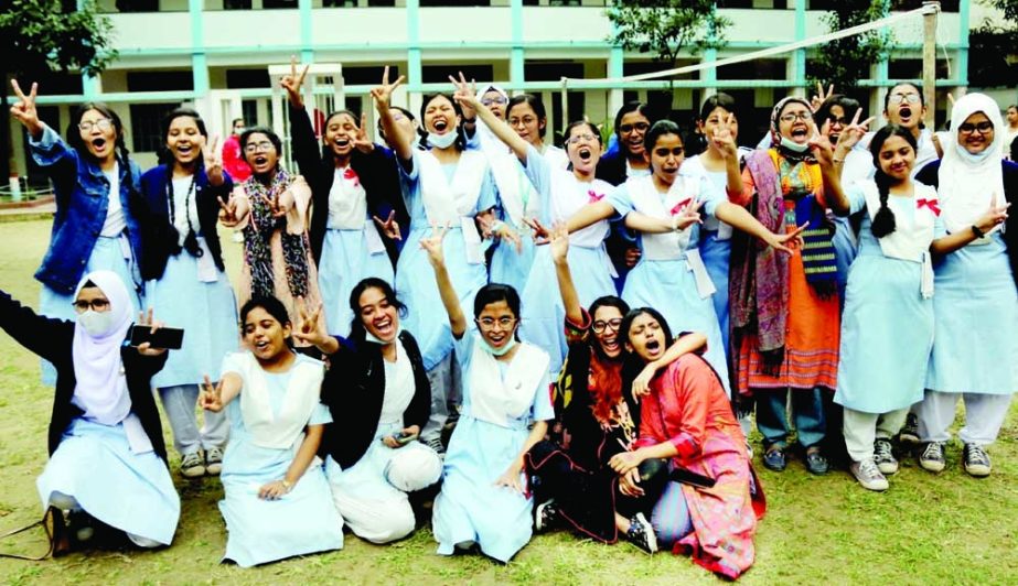 Secondary School Certificate (SSC) passouts celebrate at the Viqarunnisa Noon School in the capital after the announcement of results on Thursday. NN photo