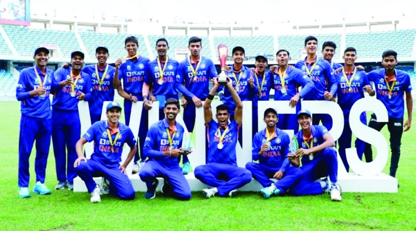 Members of India Under-19 Cricket team, the champions of the U-19 Asia Cup pose for a photo session at the Dubai International Cricket Stadium in the United Arab Emirates on Friday.