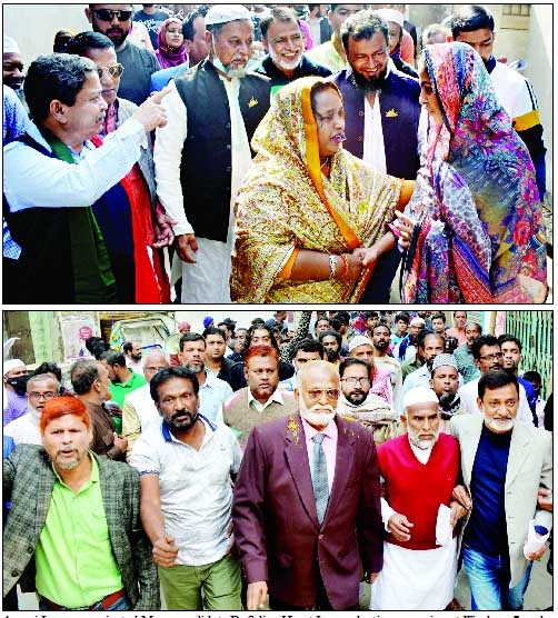 Awami League nominated Mayor candidate Dr Selina Hayat Ivy conducting campaign at Ward no- 7 under NCC on Monday (Top). Independent Mayor candidate Taimur Alam Khandaker is seen busy in campaigning at Ward no-16 under NCC on same day (Bottom). NN photo