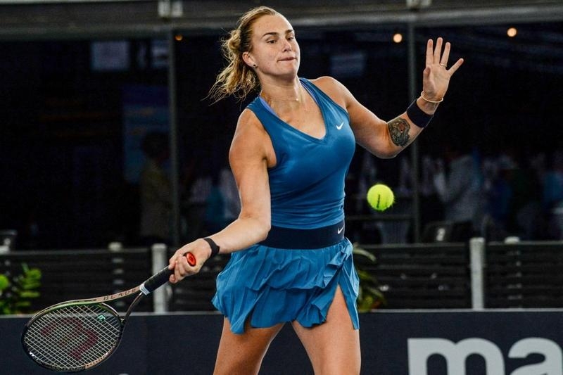 Belarus' Aryna Sabalenka hits a return against Slovenia's Kaja Juvan during their women's singles match at the Adelaide International tennis tournament in Adelaide on Wednesday. Agency photo