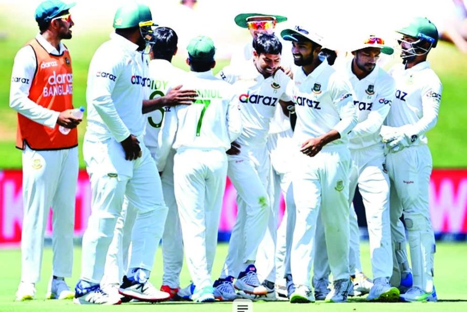 Players of Bangladesh celebrate after earning historic Test victory against New Zealand on the fifth and final day of the first Test at Mount Maunganui in New Zealand on Wednesday. Agency photo