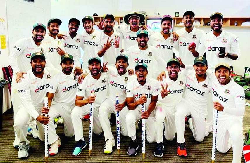 Bangladesh players celebrate after earning historic Test victory against New Zealand on the fifth and final day of the first Test at Mount Maunganui in New Zealand on Wednesday.