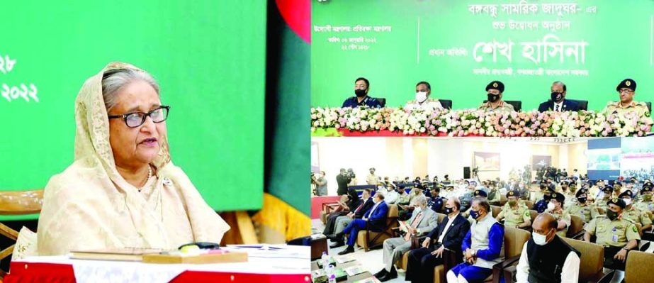 Prime Minister Sheikh Hasina speaks at the inaugural ceremony of Bangabandhu Military Museum through video conference from Ganobhaban on Thursday. PID photo