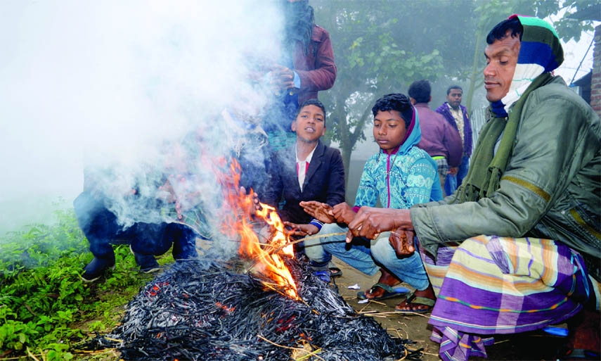 In severe cold, people of all ages are getting warmed sitting around the fire at Pikepara in Thakurgaon. This photograph was taken on Thursday.