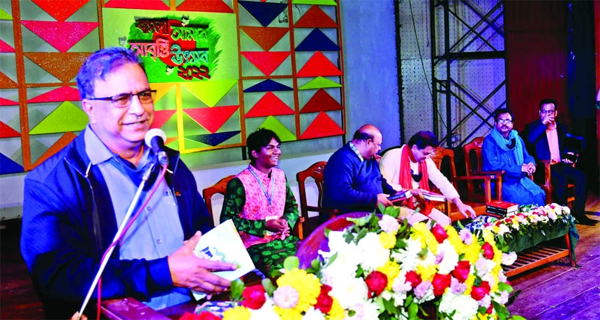 State Minister for Cultural Affairs KM Khalid speaks at the inaugural ceremony of 'Bangla Amar Abritti Utsab' at the Department of Public Libraries in the city on Friday marking founding anniversary of 'Bangla Amar' a recitation organisation.