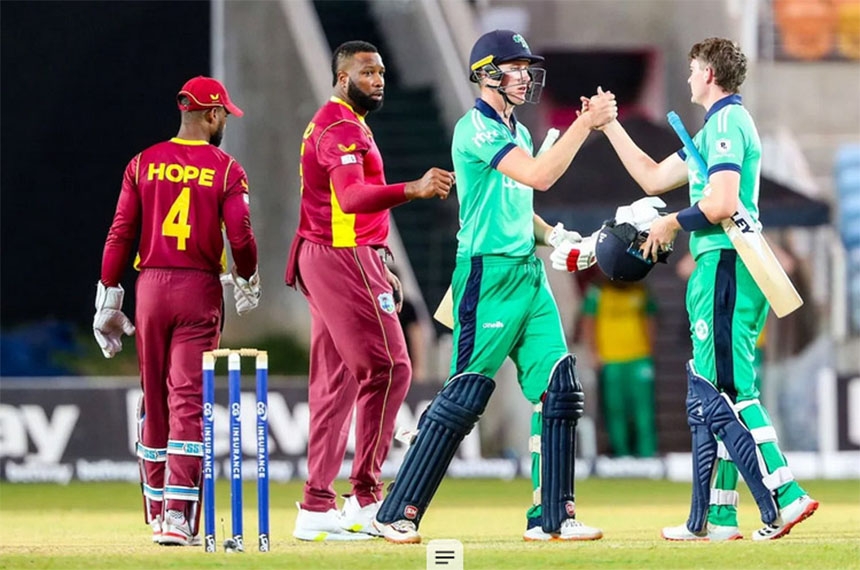 Harry Tector and Gareth Delany of Ireland celebrate after Ireland's win against West Indies in the 2nd ODI at Kingston on Thursday.