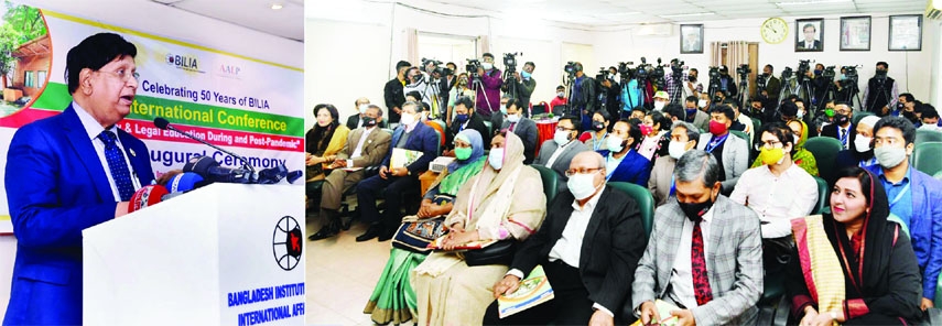 Foreign Minister Dr. AK Abdul Momen speaks at a conference in the auditorium of Bangladesh Institute of Law and International Affairs marking its 50th anniversary.