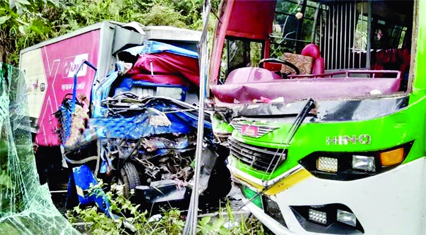 A passenger bus and a covered van get mangled being collided head-on at Hafchhari Jorkhamba under Goimara upazila in Khagrachhari district on Saturday leaving two people dead on the spot.