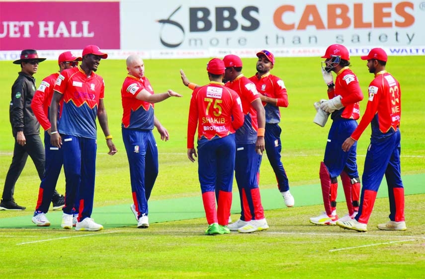 Players of Fortune Barishal celebrate after dismissal of a batter of Chattogram Challengers in their opening match of the Bangabandhu Bangladesh Premier League Cricket at the Sher-e-Bangla National Cricket Stadium in the city's Mirpur on Friday.