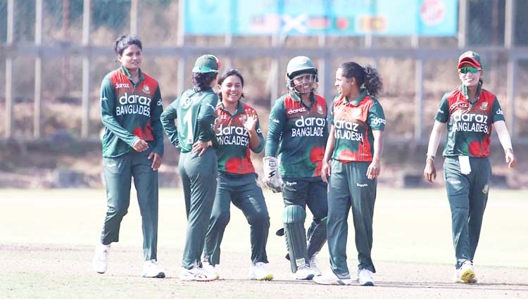 Players of Bangladesh women's cricket team celebrate after defeating Scotland during the qualifying round match of the Commonwealth Games (CWG) Women's T20 Cricket in Malaysia on Sunday.