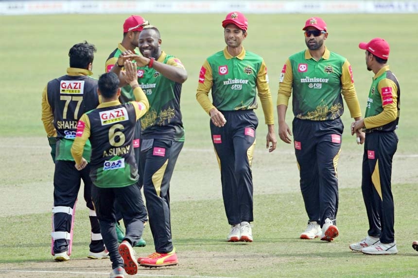 Players of Minister Group Dhaka celebrate after dismissal of a batter of Fortune Barishal in their match of the Bangabandhu Bangladesh Premier League Cricket at the Sher-e-Bangla National Cricket Stadium in the city\'s Mirpur on Monday.