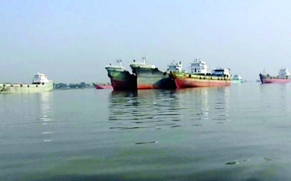 BAGERHAT: Photo shows some water vessels waiting at the entry point of newly named Bangabandhu Mongla-Ghasiakhali (BMG) canal for crossing it.