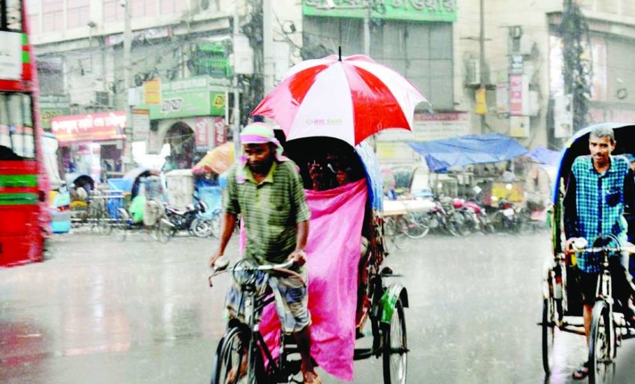 Rickshaw puller carries a passenger during the rain in the capital on Wednesday. NN photo