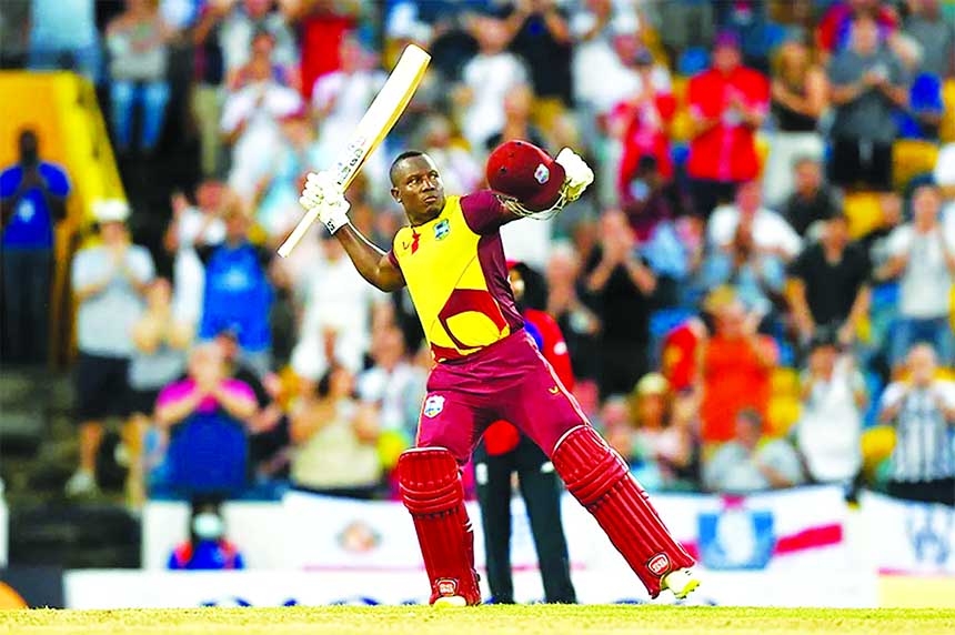 Rovman Powell of West Indies celebrates his century during the 3rd T20I between West Indies and England at Kensington Oval, Bridgetown, Barbados on Wednesday. Agency Photo