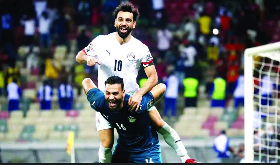 Mohamed Salah (10) of Egypt celebrates after the Africa Cup of Nations 2021 round of 16 football match between Ivory Coast and Egypt at Stade de Japoma in Douala, Cameroon on Wednesday. Agency photo