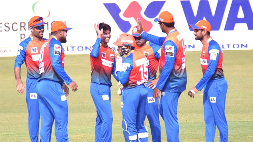 Players of Khulna Tigers celebrate after dismissal of a batter of Chattogram Challengers during their match of the Bangabandhu Bangladesh Premier League Cricket at Zahur Ahmed Chowdhury Stadium in Chattogram on Friday.