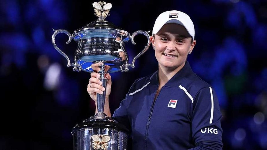Australia's Ashleigh Barty poses with the trophy after winning against Danielle Collins of the US during their women's singles final match on day thirteen of the Australian Open tennis tournament in Melbourne on Saturday. Agency photo