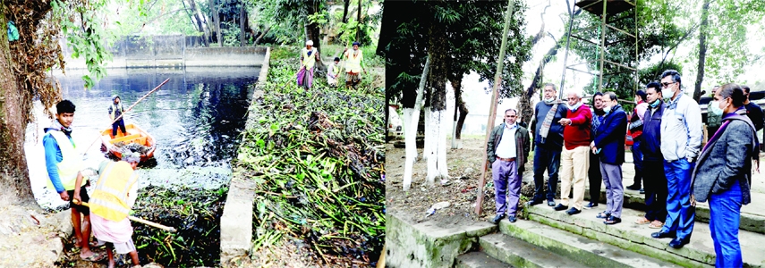 SYLHET: Ariful Huq Chowdhury, Mayor, Sylhet City Corporation visits smashan pond cleaning work at Chalibandar in Sylhet City on Tuesday.