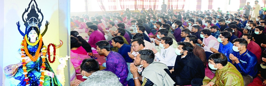 KHULNA: Students of Khulan University of Engineering and Technology celebrate Saraswati Puja on Saturday.