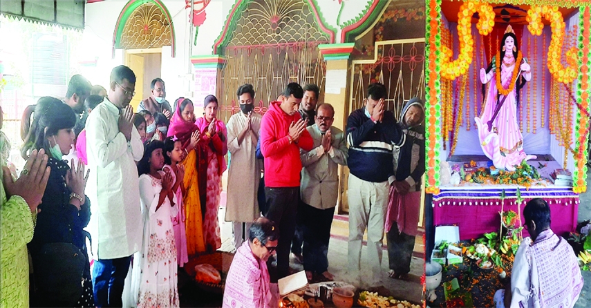 ISHWARD I(Panba): People of hindu community perform Saraswati Puja at Thakurbari Satya Narayan Bigoyh Mandir on Saturday.