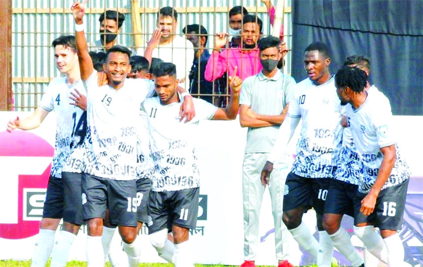 Players of Mohammedan Sporting Club Limited celebrate a goal against Sheikh Russel Krira Chakra at Shaheed Ahsanullah Master Stadium in Tongi, Gazipur on Saturday.