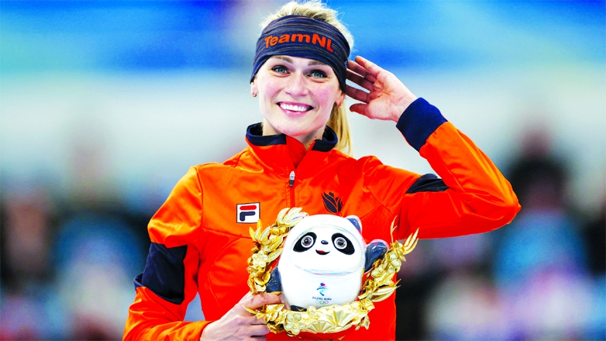 Irene Schouten of the Netherlands reacts after setting a new Olympic record in Speed Skating Women's 3000m during the2022 Beijing Olympics at the National Speed Skating Oval, Beijing, China on Saturday.